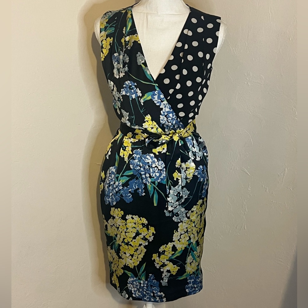 Floral & Polka Dot Wrap Sheath Dress - Black with Yellow & Blue Floral